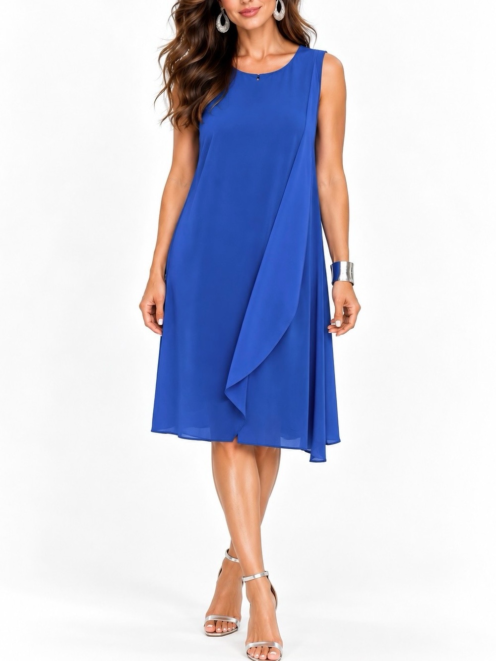 Eileen Fisher 100% Washable Silk Blue Layered Shift Knee-Length Dress Size Small